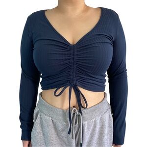 Orange Kiss V-Neck Ruched Long Sleeves Ribbed Crop Top Blue Women's Size L